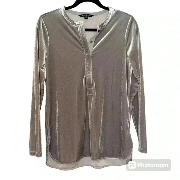 Ralph Lauren Silver Long Sleeve 1/2 Button Velvet Pullover Top Stretch Party SP - Picture 1 of 8